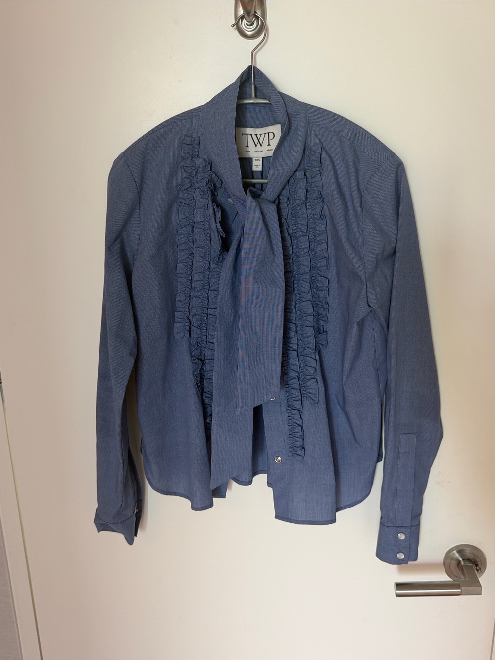 Women's Blue Ruffle Tie-Neck shirt